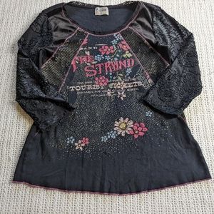 Edista Women's Graphic Shirt Large 3/4 Sleeve Strand Black Velour Lace USA